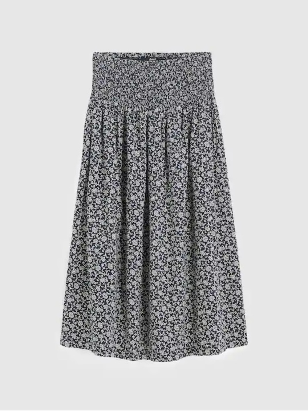 Madewell Navy Smocked-Waist Midi Skirt in White Floral Print